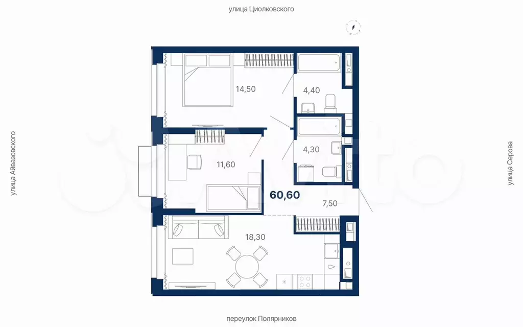 2-к. квартира, 60,6 м, 21/29 эт. - Фото 0