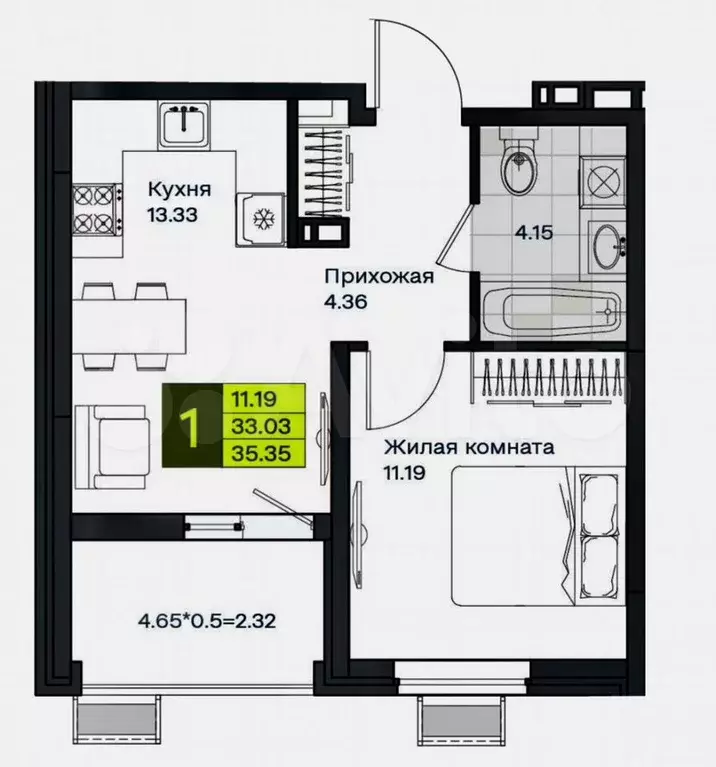 1-к. квартира, 35 м, 2/9 эт. - Фото 1