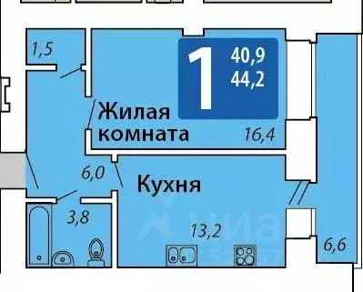 1-к кв. Чувашия, Чебоксары ул. Мирона Ефимовича Ефимова, 1 (44.2 м) - Фото 1