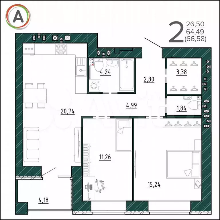 3-к. квартира, 66,6м, 8/9эт. - Фото 1