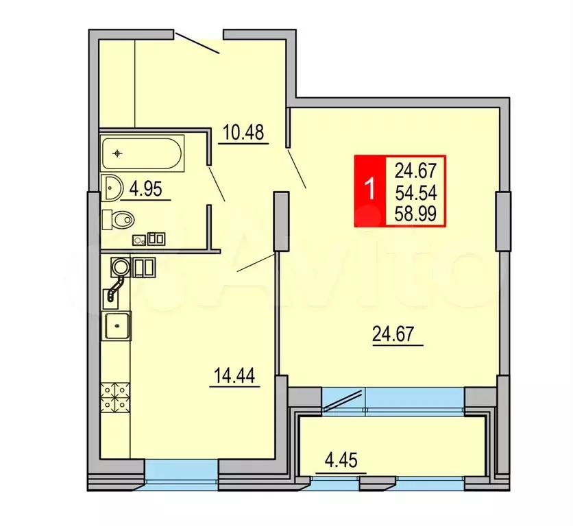 1-к. квартира, 59 м, 3/8 эт. - Фото 0