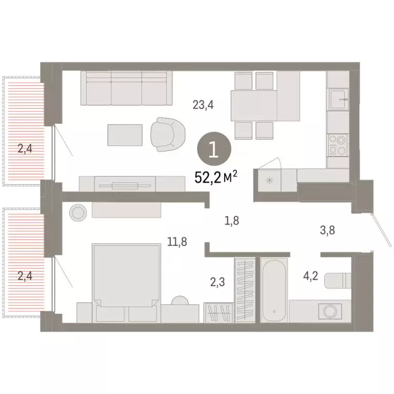 1-комнатная квартира: Тюмень, Мысовская улица, 26к2 (52.23 м) - Фото 1