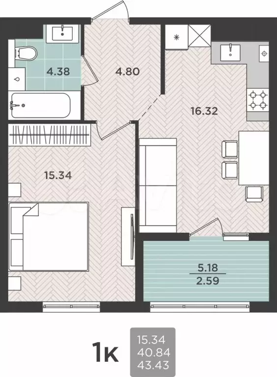1-к. квартира, 43,4 м, 3/5 эт. - Фото 0