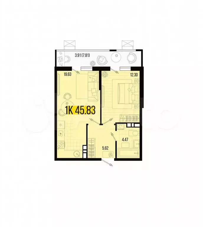 1-к. квартира, 45,8 м, 4/7 эт. - Фото 1