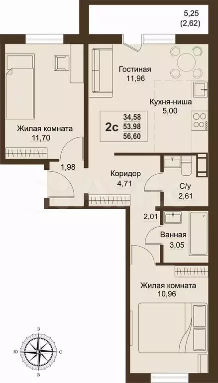 2-к. квартира, 56,6 м, 8/9 эт. - Фото 0