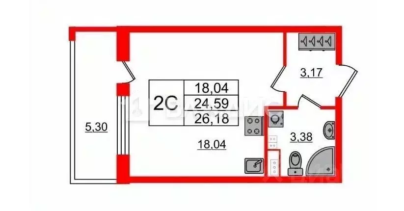 Студия Санкт-Петербург просп. Ветеранов, 214 (24.3 м) - Фото 2