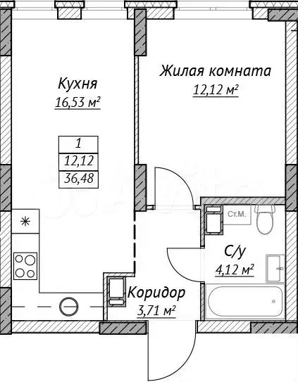 1-к. квартира, 36,5 м, 7/14 эт. - Фото 0