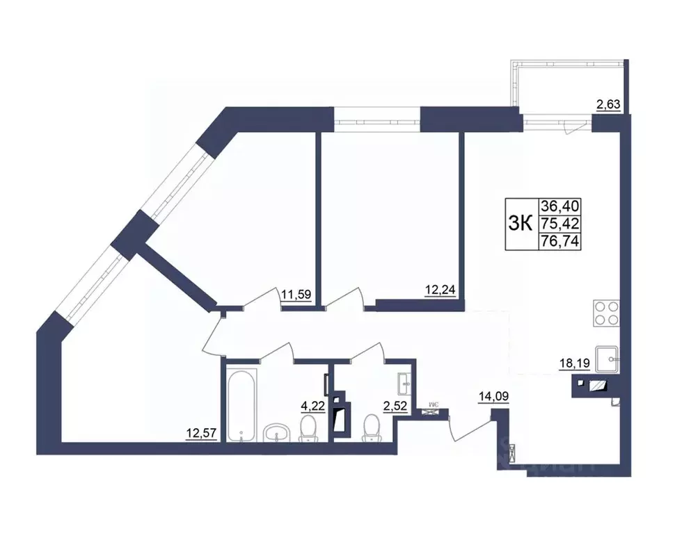 3-к кв. Башкортостан, Уфа Космос жилой комплекс, лит1 (75.99 м) - Фото 0