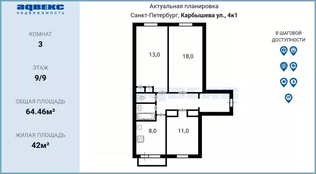 3-к кв. Санкт-Петербург ул. Карбышева, 4К1 (64.46 м) - Фото 2