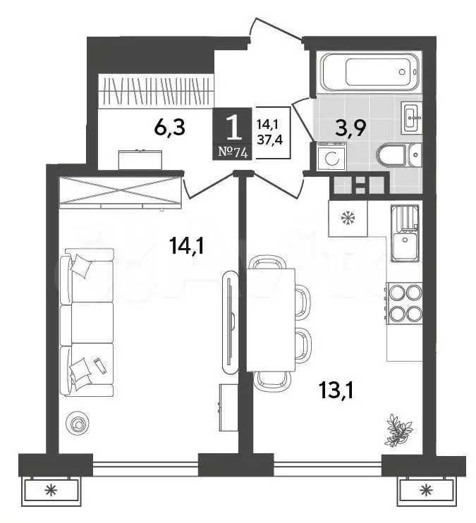 1-к. квартира, 37,4 м, 4/18 эт. - Фото 1