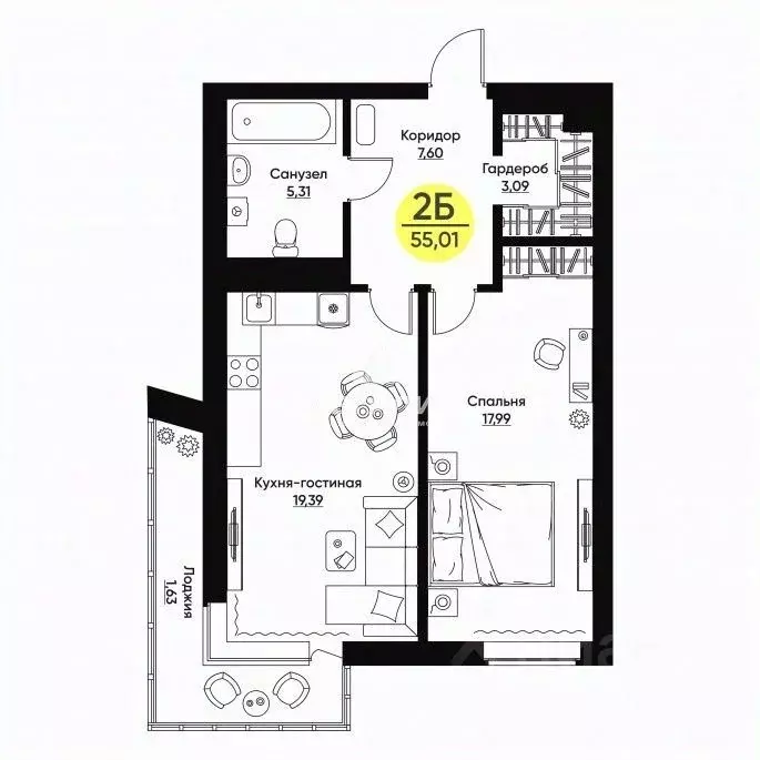 2-к кв. Татарстан, Казань ул. Хади Атласи, 30 (55.01 м) - Фото 1