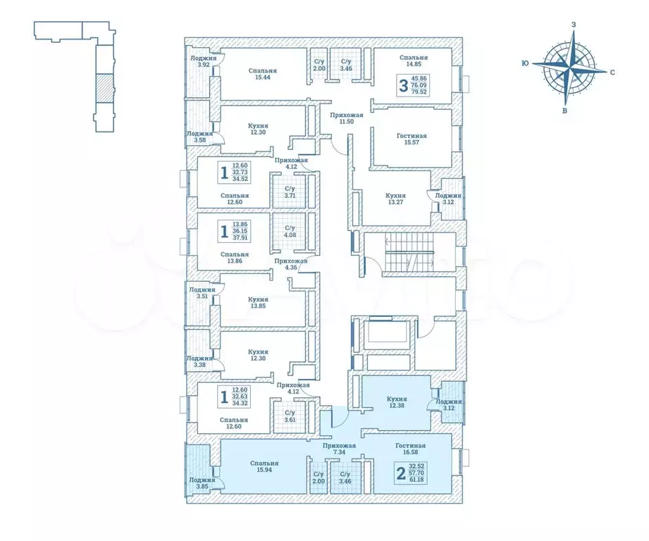 2-к. квартира, 61 м, 6/7 эт. - Фото 1