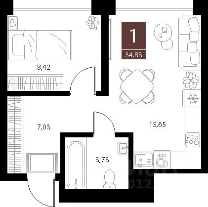 1-к кв. Рязанская область, Рязань ул. Бирюзова, 20с1 (34.83 м) - Фото 1