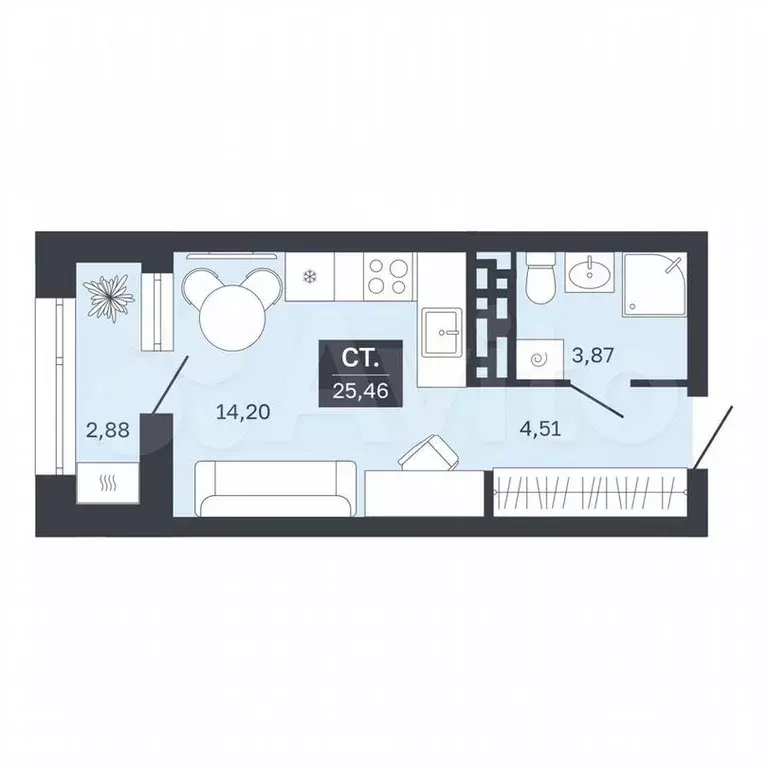 Квартира-студия, 22,6м, 8/9эт. - Фото 0