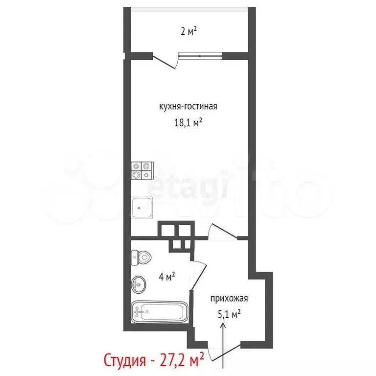 Квартира-студия, 27,2 м, 10/25 эт. - Фото 1