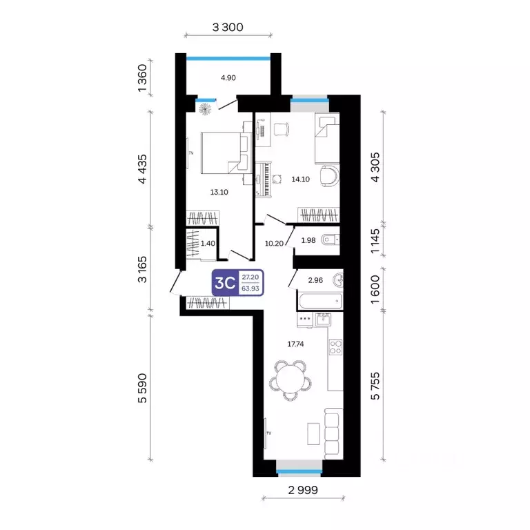 3-к кв. Башкортостан, Белебей 29-й мкр,  (63.93 м) - Фото 2