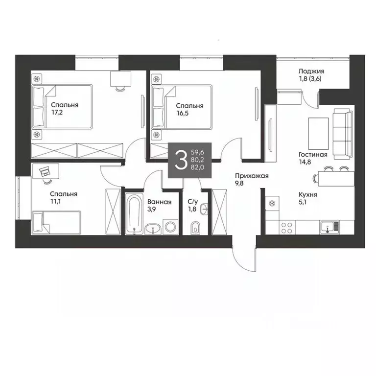 3-к кв. Татарстан, Альметьевск ул. Гафиатуллина, 60 (82.0 м) - Фото 0