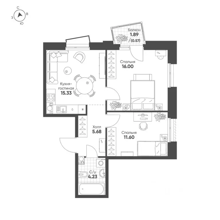 2-к кв. Татарстан, Казань Счастье в Казани жилой комплекс (53.41 м) - Фото 1