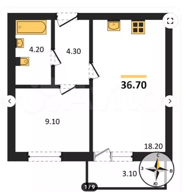 1-к. квартира, 36,7 м, 2/8 эт. - Фото 1