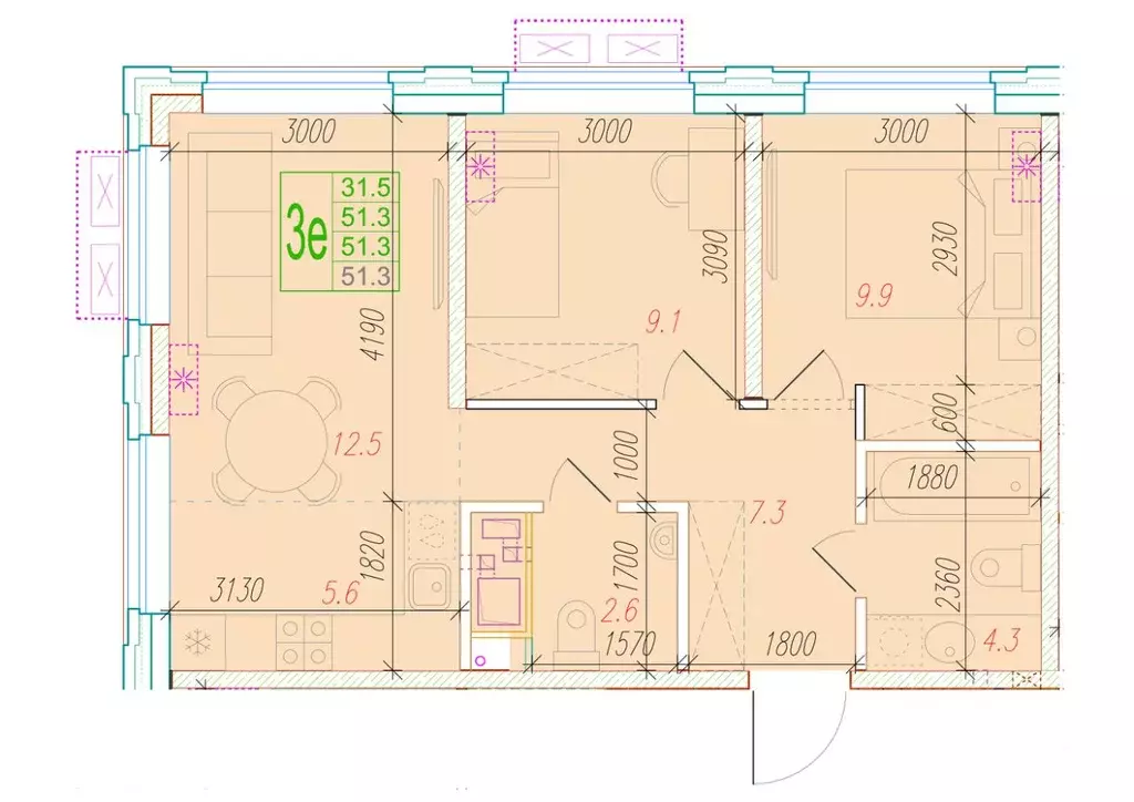 3-к кв. Астраханская область, Астрахань Августовская ул. (51.3 м) - Фото 1