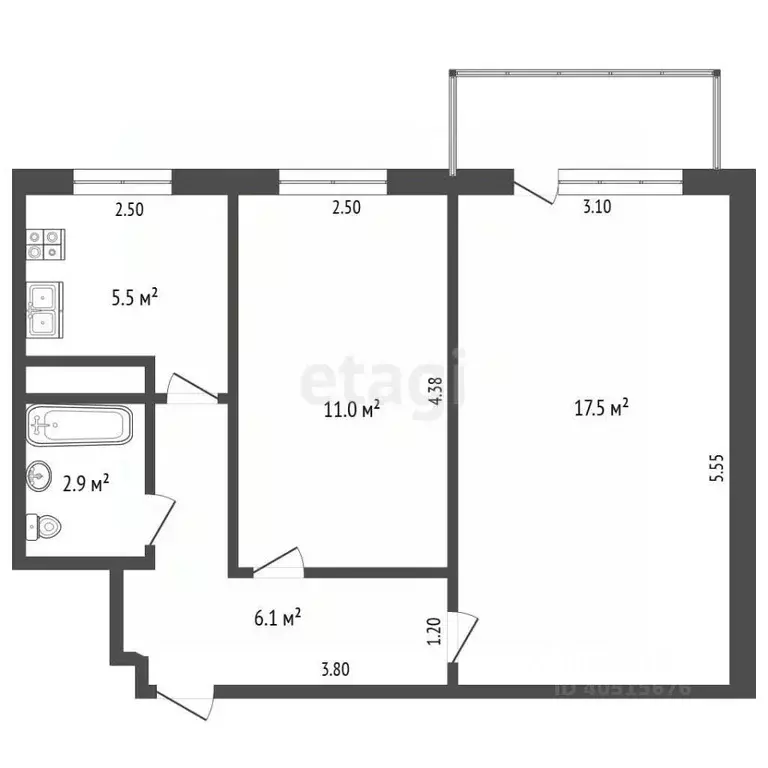 2-к кв. Татарстан, Альметьевск ул. Герцена, 100 (43.0 м) - Фото 2