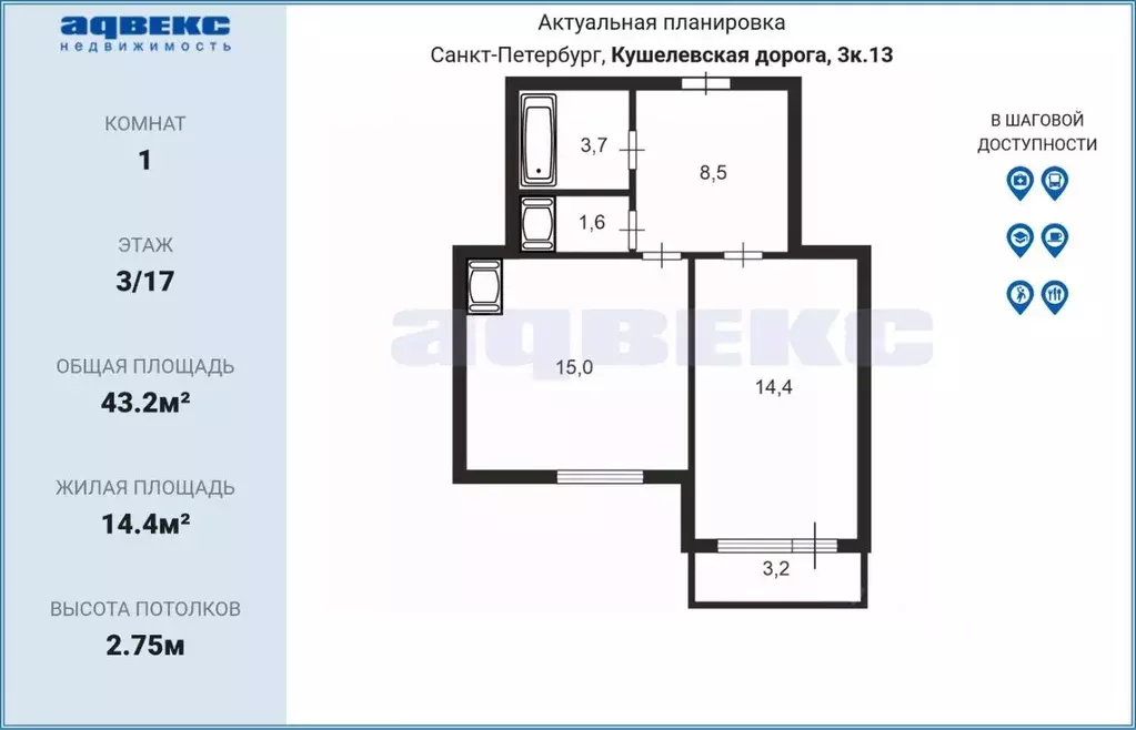 1-к кв. Санкт-Петербург дор. Кушелевская, 3к13 (43.2 м) - Фото 2