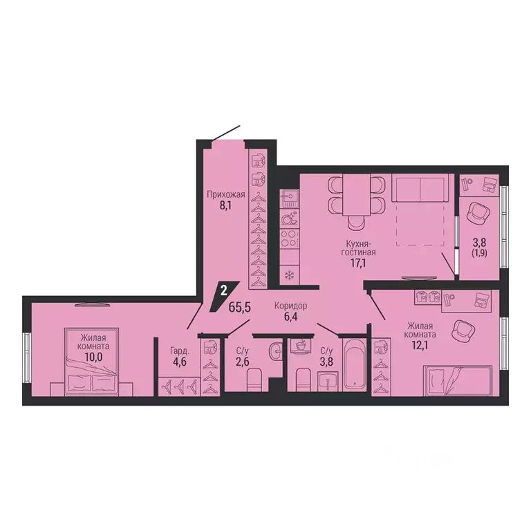 2-к кв. Свердловская область, Екатеринбург Вторчермет жилрайон,  (66.6 ... - Фото 2