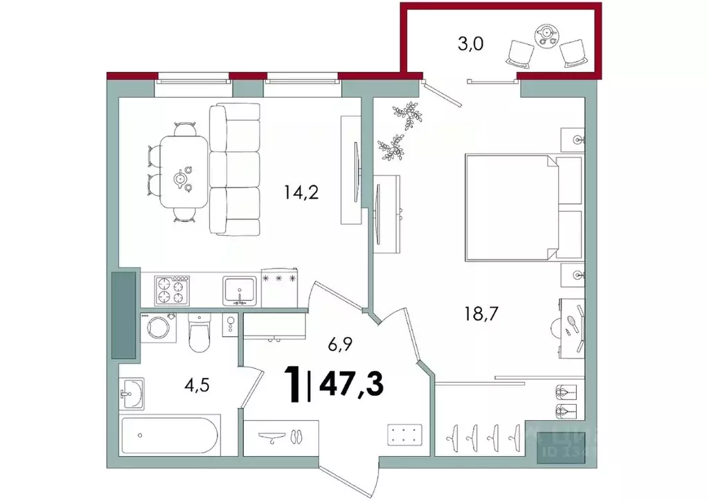 1-к кв. Тверская область, Тверь Южный жилой комплекс (47.3 м) - Фото 1