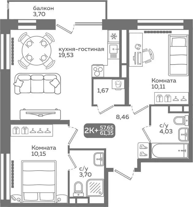 2-комнатная квартира: Тюмень, улица Вадима Бованенко, 10 (57.65 м) - Фото 0