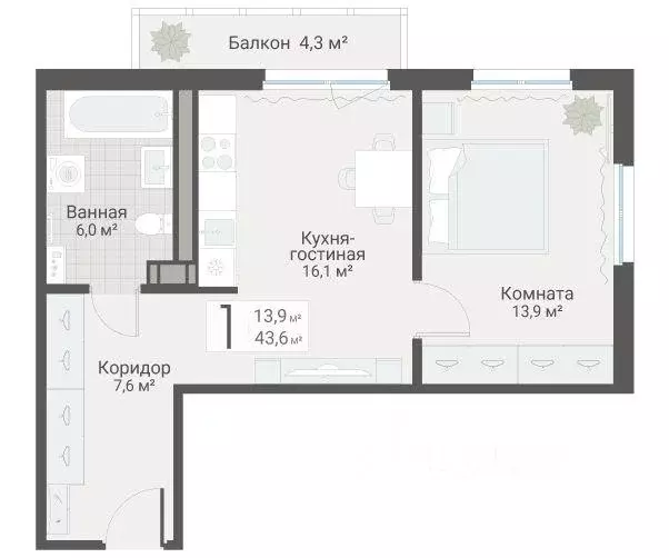 Квартира, 1 комната, 43.6 м - Фото 1
