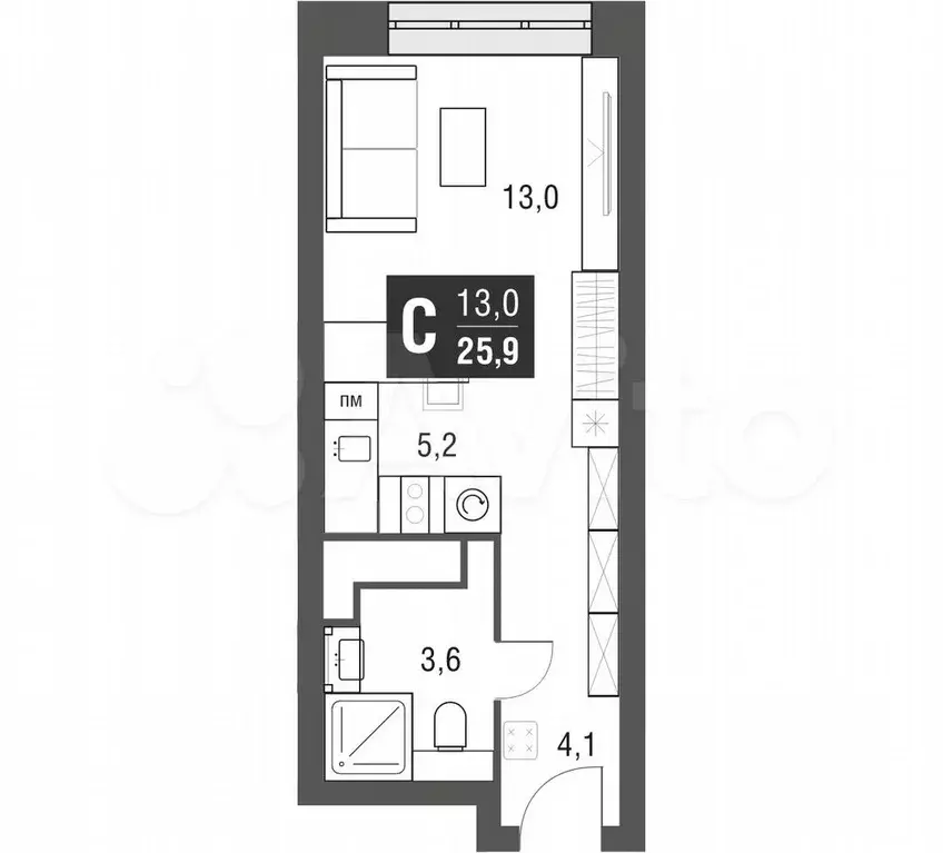 Квартира-студия, 25,5 м, 30/53 эт. - Фото 1