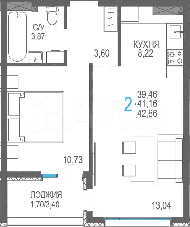 2-к. квартира, 41,2 м, 6/8 эт. - Фото 0