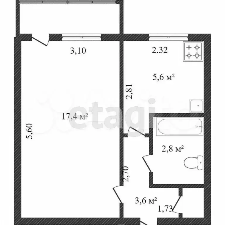 1-к. квартира, 30,4 м, 3/5 эт. - Фото 0