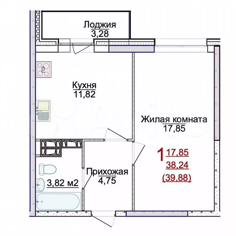 1-к. квартира, 39,9м, 12/18эт. - Фото 0