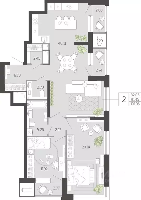 2-к кв. Тульская область, Тула ул. Фридриха Энгельса, 74 (101.05 м) - Фото 2