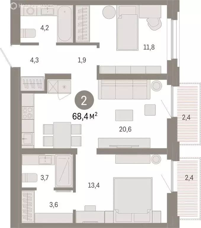 2-комнатная квартира: Тюмень, Мысовская улица, 26к2 (68.35 м) - Фото 1