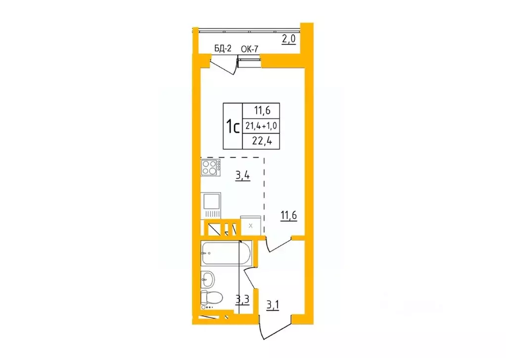 Студия Башкортостан, Уфа Инорс-4Б мкр, Акварель жилой комплекс (22.3 ... - Фото 1