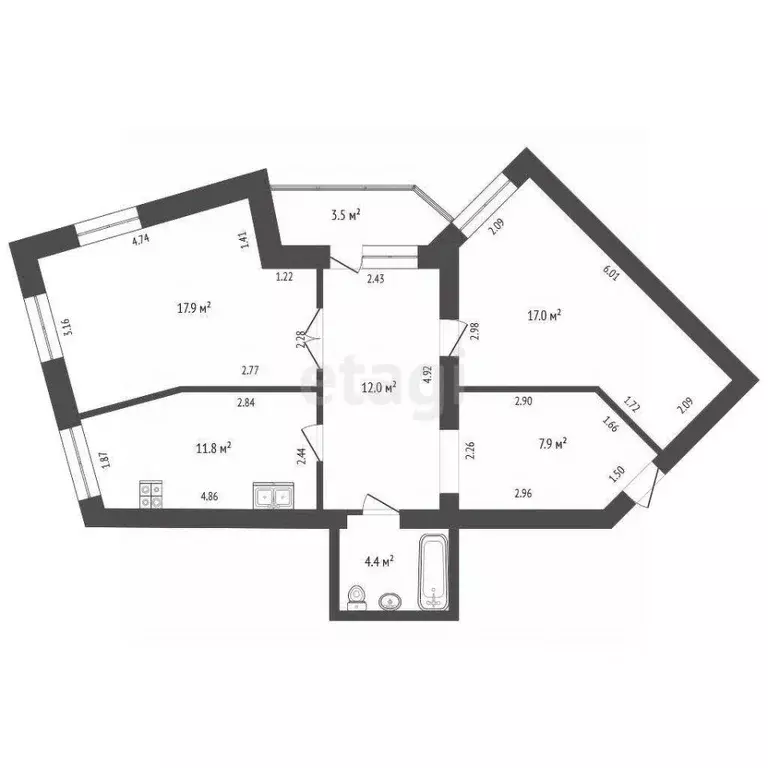 2-к кв. Тюменская область, Тюмень ул. Станислава Карнацевича, 12 (71.0 ... - Фото 1
