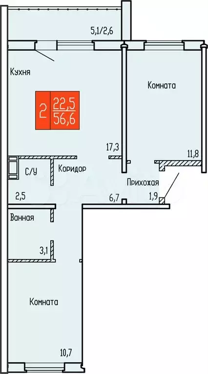 2-к. квартира, 56,6 м, 4/10 эт. - Фото 0