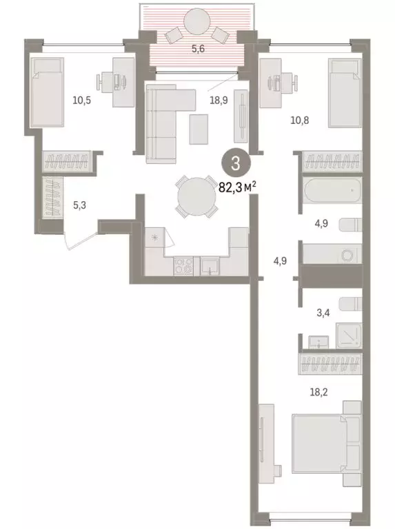 3-комнатная квартира: Тюмень, ЖК Дом у Озера (82.34 м) - Фото 1