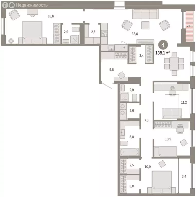 4-комнатная квартира: Тюмень, улица Республики, 205к1 (138.8 м) - Фото 1