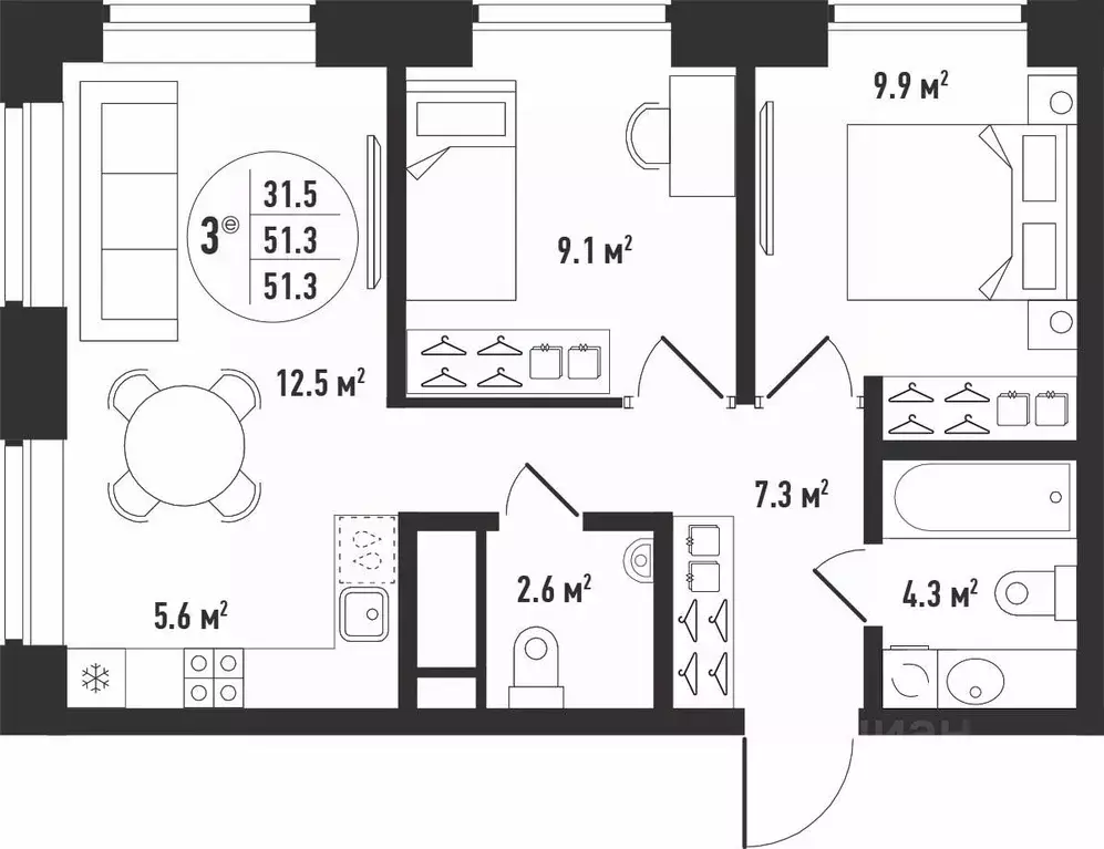 3-к кв. Астраханская область, Астрахань Августовская ул. (51.3 м) - Фото 2