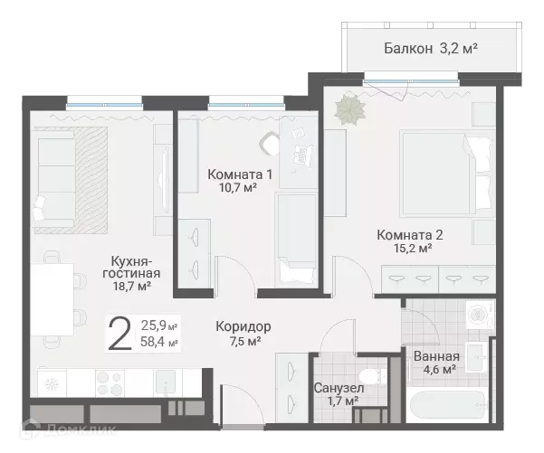 Продаётся 2-к квартира, 58.4 м - Фото 0