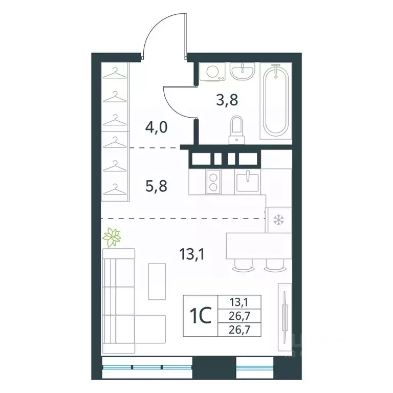 Студия Забайкальский край, Чита Хороший мкр, 15 (26.7 м) - Фото 1
