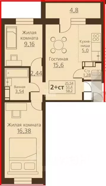 2-к кв. Челябинская область, Челябинск ул. Маршала Чуйкова, 14 (53.5 ... - Фото 1