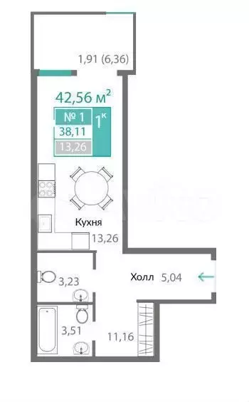 1-к. квартира, 42,6м, 1/10эт. - Фото 1