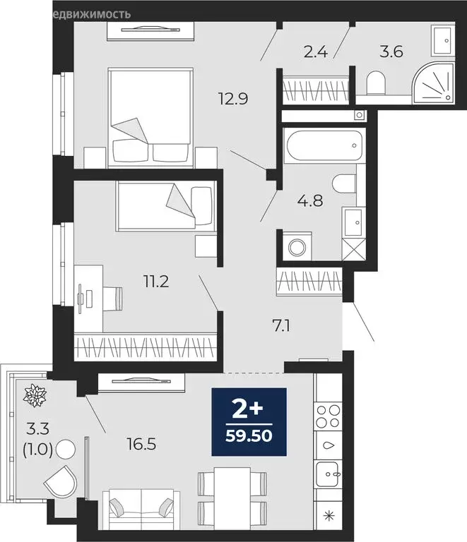 2-комнатная квартира: Тюмень, проезд Капитана Куликова, 7 (61.8 м) - Фото 1