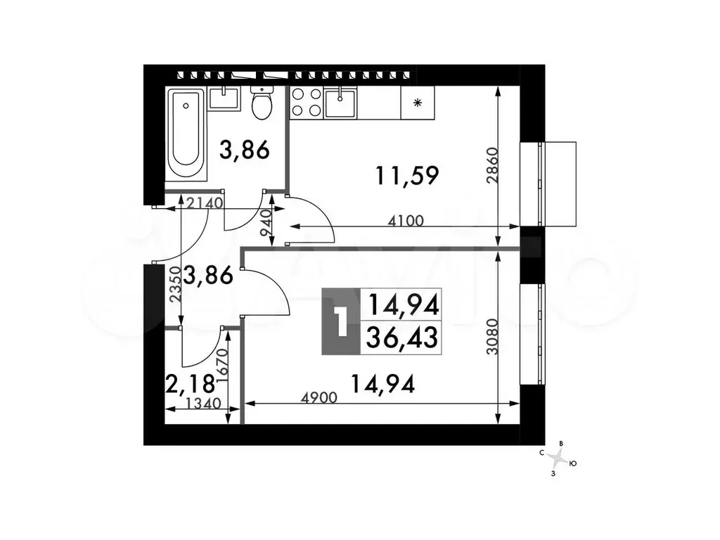 1-к. квартира, 36,4м, 4/4эт. - Фото 0