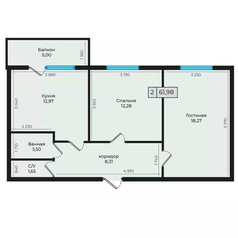 2-к кв. Ставропольский край, Невинномысск ул. Дунаевского, 11В (61.98 ... - Фото 1