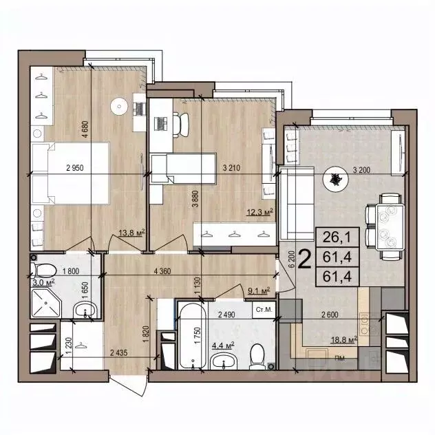 2-к кв. Рязанская область, Рязань ул. Новоселов, 33Б (61.4 м) - Фото 1
